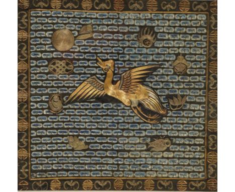 TWO CHINESE SILK AND GOLD-THREAD EMBROIDERED RANK BADGES, one showing the central bird in flight on a dense blue cloud-scroll