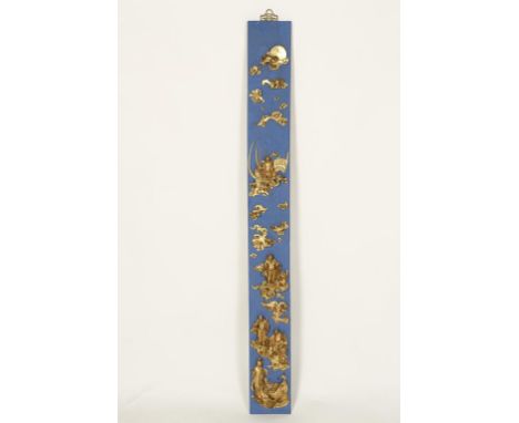 A CHINESE GILTWOOD SHOU LAO PANEL showing the Immortal riding a crane and other figures amongst cloudscrolls, on a blue groun