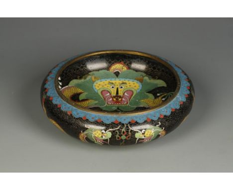 A CHINESE CLOISONNÉ CENSER, the interior and exterior with polychrome dragons on a black cloud-scroll ground, late Qing/early