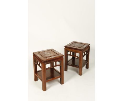 A PAIR OF CHINESE HUALI OR ROSEWOOD OCCASIONAL TABLES, of square form, the panelled tops with mother of pearl foliate inlay, 