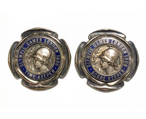 Olympic Games London 1908, a Time-Keeper's badge and Score-keeper's badge, by Vaughton of Birmingham, silvered bronze with bl