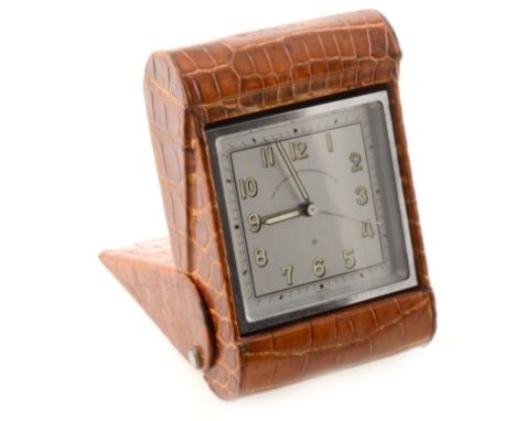 The Goldsmiths &amp; Silversmiths Co Ltd. travel alarm clock, square 55mm silvered arabic dial with Swiss movement in a steel