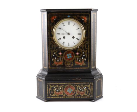 Charles X inlaid ebonised mantel clock, plinth casing with brass inlay further decorated with enamel and simulated tortoisesh