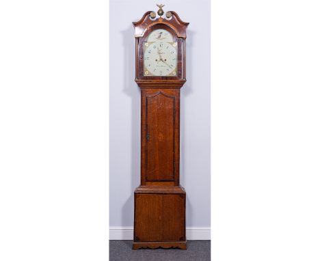 Deacon, Barton George III oak and mahogany longcase clock, arched painted dial signed with Arabic numerals, date aperture and