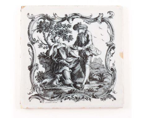 An English delft tile, by John Sadler of Liverpool, 1760's, black printed with a young couple, rococo surround, chipped, 13 x