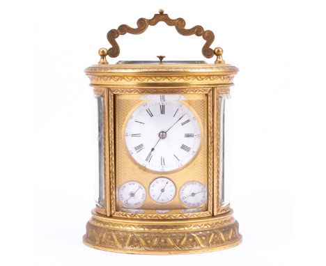French brass calendar carriage clock, circa 1880, engraved oval case, white enamel dial with subsidiary day, date and alarm d