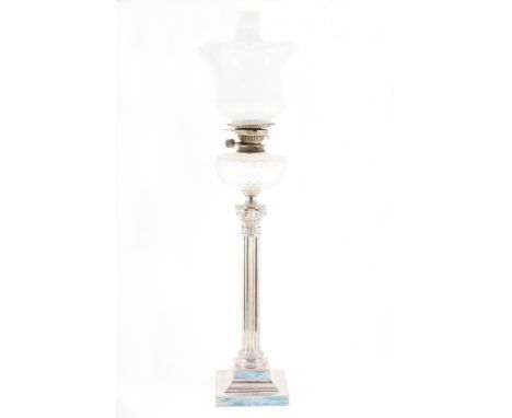 An Edwardian silver plated and cut glass oil lamp, Corinthian fluted column, square base, cut glass reservoir, opalescent sha