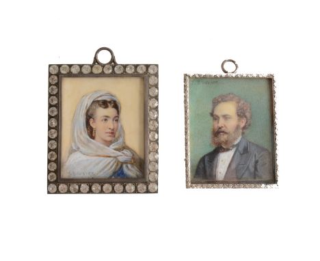 J Bouvier, A Lady, head and shoulders length, portrait miniature on ivory, signed, 5.5cm x 4.5 cm, in a diamante frame; a por