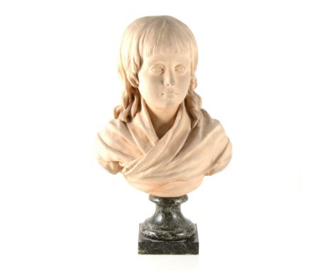 After Jean Antoine Houdon, A young girl, terracotta portrait bust, restored, on a marble socle with square base, 38cm overall