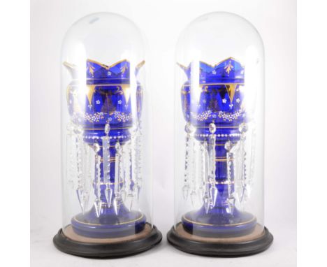 A pair of Victorian blue glass lustre vases, rounded bowls with gilt and enamel decoration of pennants, scrolls and swags, ea