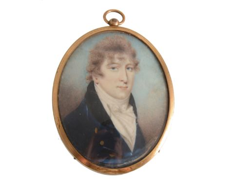 English School, early 19th century, A Regency Gentleman, head and shoulders length, oval portrait miniature on ivory, 8cm x 6