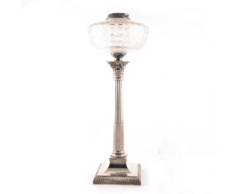 Edwardian silver Corinthian column lamp base, Hawksworth Eyre &amp; Co Ltd, Sheffield 1906, fluted column, square base with g