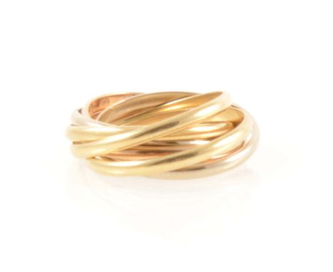 Cartier - an 18 carat gold tri-colour six band rolling ring, the six 1.6mm wide D shape plain polished bands, in yellow, whit