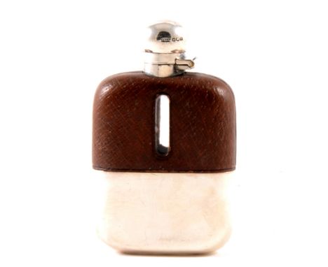 Silver mounted glass hip flask, James Dixon &amp; Son., Sheffield 1923, detachable cup base, leather covered shoulders, 12cm.