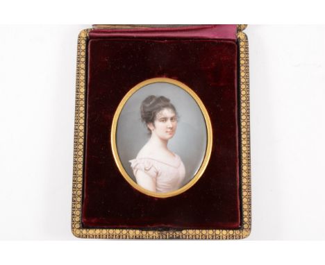 Mathieu Deroche, A young lady, enamel portrait miniature, oval 7cm x 5.5 cm; in a tooled morocco folding case, marked Mathieu