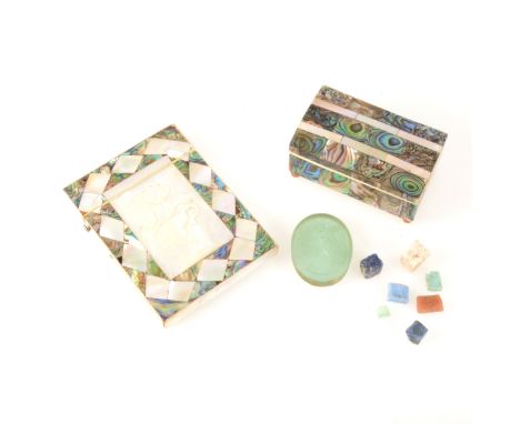 A Victorian mother of pearl and abalone visiting card case, one aspect with central rectangular panel carved in relief with t