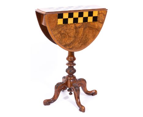 A Victorian figured walnut drop-leaf games table, chequerboard inlay with narrow Tunbridge Ware banding, fitted with two end 