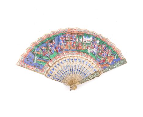 Cantonese white and gilt metal fan, mid 19th century, gouache painted with numerous figures, filigree sticks with blue and gr