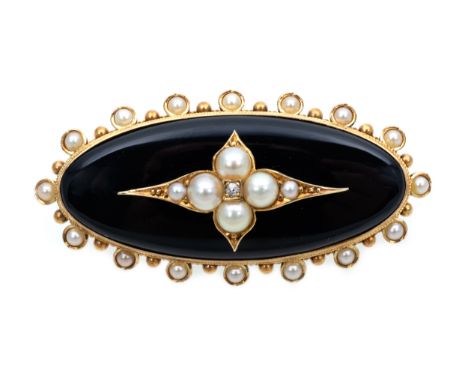 A Victorian black onyx and pearl brooch, the oval black onyx set with a cluster of six pearls and an old cut diamond to the c