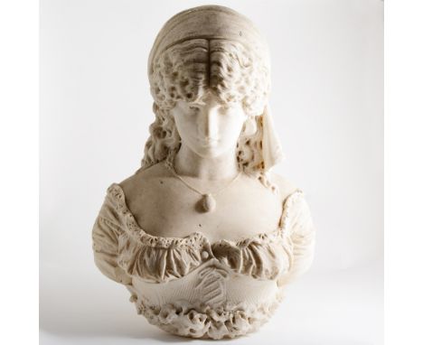 A Victorian marble portrait bust of a young lady in a decollete dress, 57cm.