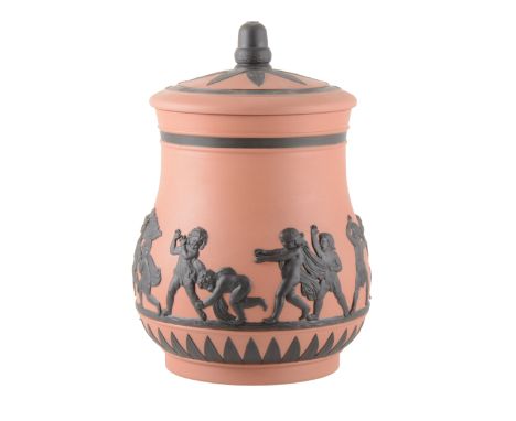 A Jasperware vase and cover, 'Cherubs at Play', by Wedgwood, circa 1995, terracotta body with black Jasper relief, swollen fo