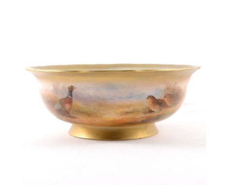 A bowl, by James Stinton for Royal Worcester , date mark for 1924, painted with cock and hen pheasants and a pair of partridg