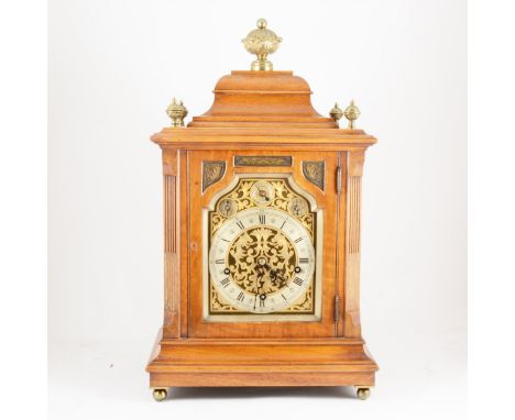 Winterhalder &amp; Hofmeier German walnut mantel clock, circa 1900, arched dial with engraved fretwork tracery, signed by the