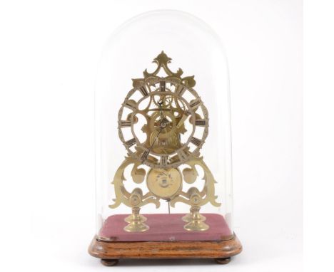 Brass skeleton clock, pierced silvered chapter ring, single fusee movement, lacking chain, on a stained wood plinth, 34cm, un