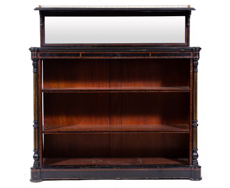 A Victorian ebonised and amboyna banded bookcase, rectangular bevelled mirror back under a shelf with a half gallery, fitted 