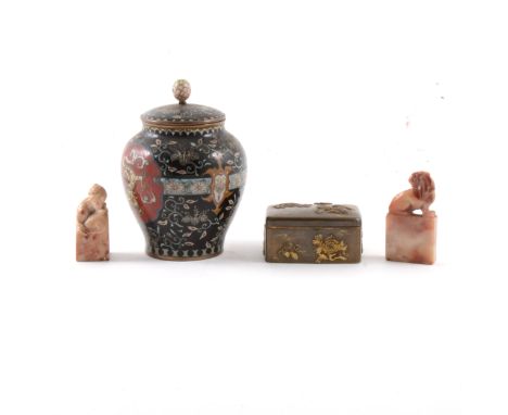 Small Japanese cloisonné covered jar, reserves decorated with a dragon and flaming pearl and a phoenix, black ground with flo