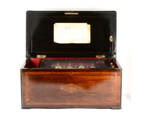 Swiss musical box, playing ten airs on nine visible bells, 33cm drum, the comb in two sections, steel platform, the bells in 