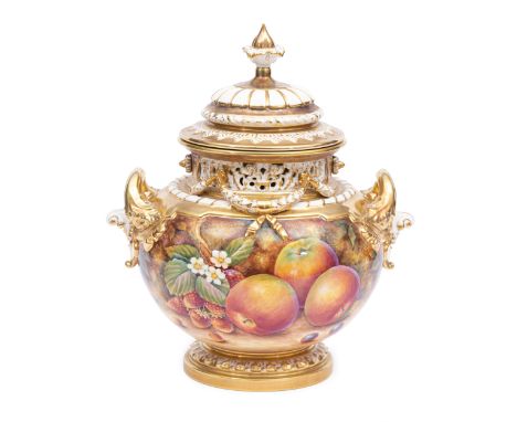 A large 'Painted Fruit' pot pourri vase and cover, by David Fuller for Royal Worcester, the field painted with a study of pea