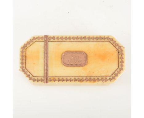 A Georgian ivory and gold pique snuff box, oblong shape with canted corners, 9cm.