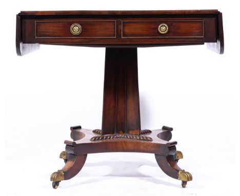 A Regency mahogany pedestal sofa table, D-shape leaf, fitted with two frieze drawers, shaped and tapering column, incurved pl