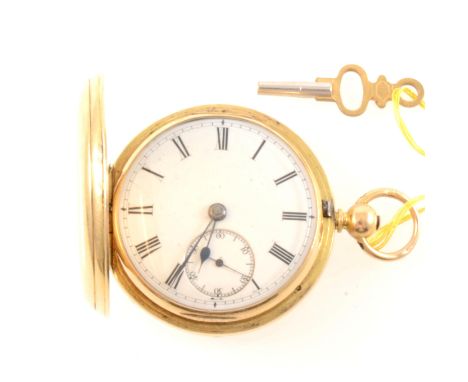 An 18 carat yellow gold full-hunter pocket watch, the white enamel dial having a Roman numeral chapter ring and subsidiary se