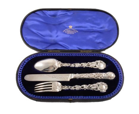 Victorian silver knife, fork and spoon set, George Adams, London 1857, cast vine handles, the knife with a filled blade, Spin