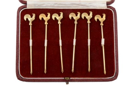 Set of six gilt metal cocktail sticks, marked Sterling Silver, each with a cockerel finial, Harrods case.