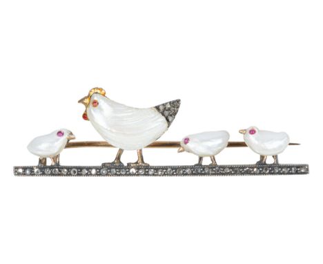 A pearl and diamond hen and chicks brooch, a white metal bar brooch 45mm long set with thirty-one rose cut diamonds in yellow