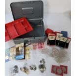 Cash box with key, and assorted currency, to include George III penny, 1986 £20 coin, 1944,1955,