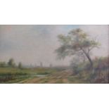 Framed C F Rump oil on canvas with windmills, boats and sheep on a country lane - approx. 62cm x