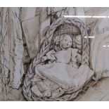 Framed watercolour signed '49 Ronald Honton depicting doll in bassinet - approx. 58cm x 49.5cm