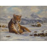 John Trickett (B. 1953) oil on canvas depicting reclining Siberian tiger 67cm x 52cm