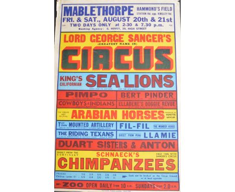 Lord George Sanger's Circus Mablethorpe poster printed by Willsons Printers Leicester (written date 1951) 50.5cm x 75.5cm