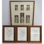 Framed set of six black and stone-coloured wash drawings of the 6 surviving sculptured figures in