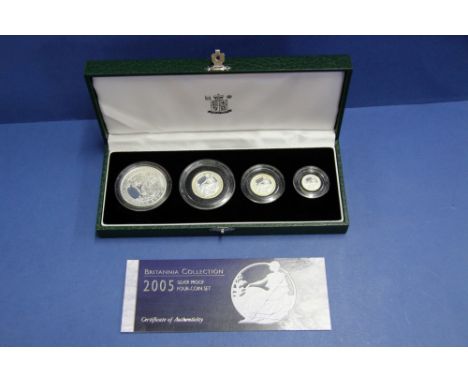 A cased Royal Mint 2005 silver proof Britannia collection four coin set.