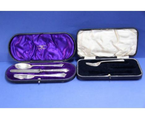 A cased Albany pattern christening set, by Walker & Hall, comprising; knife; fork and spoon; together with another similar ca