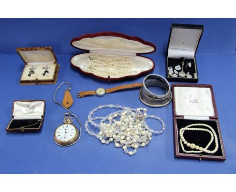 A carved ivory bead necklace; together with two pearl necklaces; silver bangles a quantity of shirt studs; and various other 