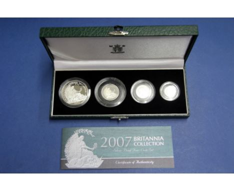 A cased Royal Mint 2007 silver proof Britannia collection four coin set.