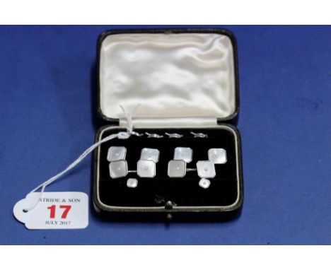 A set of mother of pearl and seed pearl 9ct white gold cufflinks, studs and buttons, in fitted case, 17.4g in total.