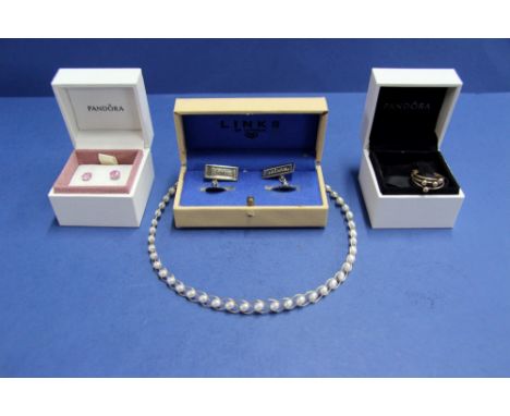 A 9ct gold wire and pearl necklace; together with a 9ct gold Pandora ring; a pair of Links cufflinks; and a pair of Pandora e